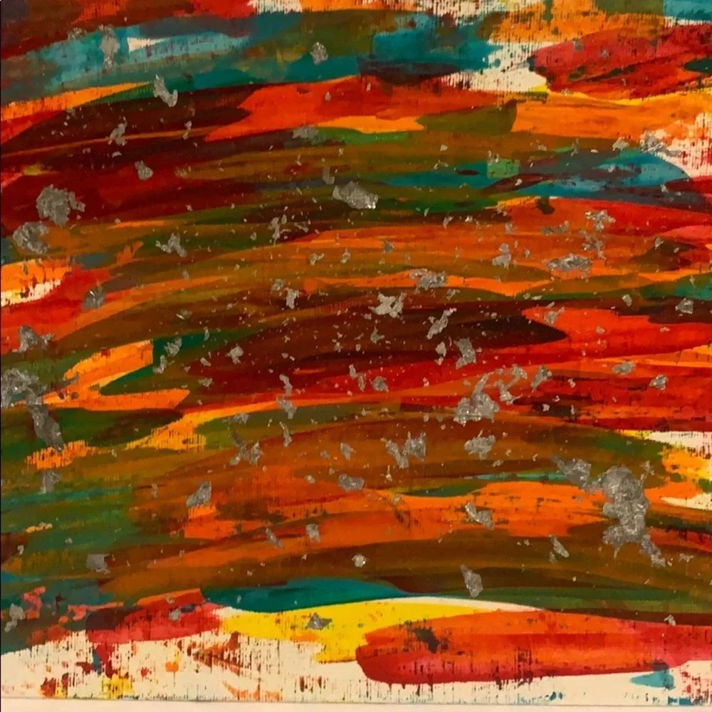 Red, olive, teal, yellow & orange ORIGINAL 9x12